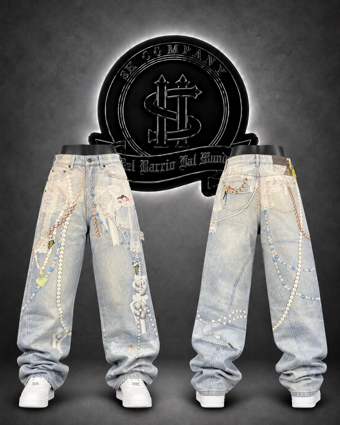 JEANS ACN BOTA RECTA /COLOR  /AZUL CLARO /DETALLE/ESTAMPADO “PERLAS’’FRONTAL Y ESPALDA