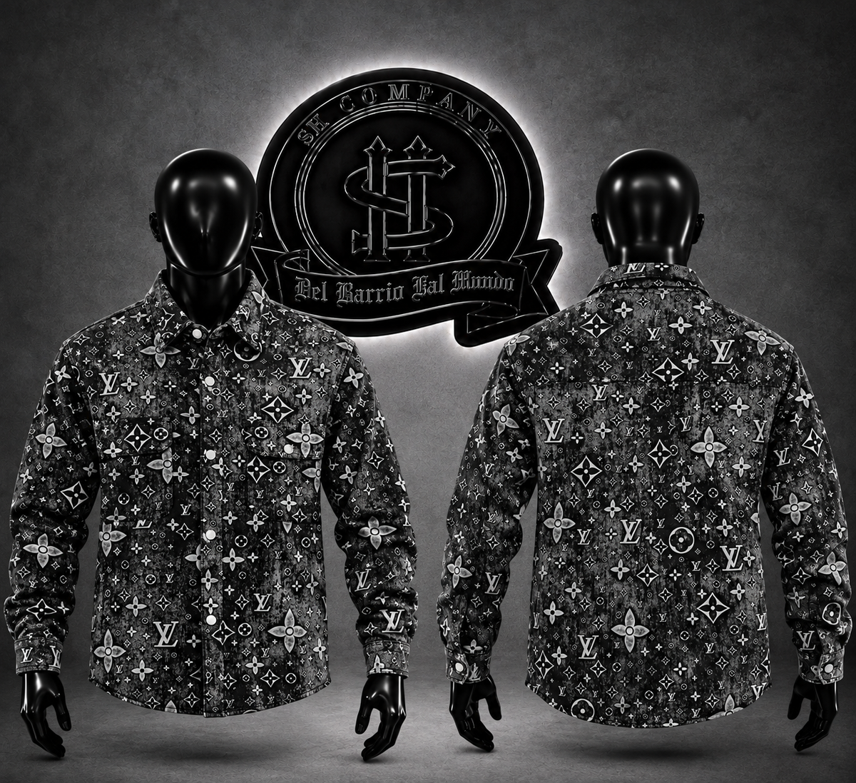 CHAQUETA COLOR NEGRO LV /ESTAMPADO LV COMPLETO BLANCO NEGRO