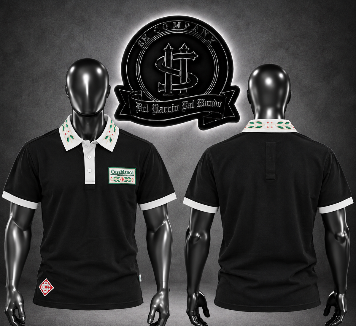 CAMIBUSO POLO CS BLNC COLOR NEGRO/DETALLE/DISEÑO “FLORES” EN CUELLO Y FIN DE MANGAS