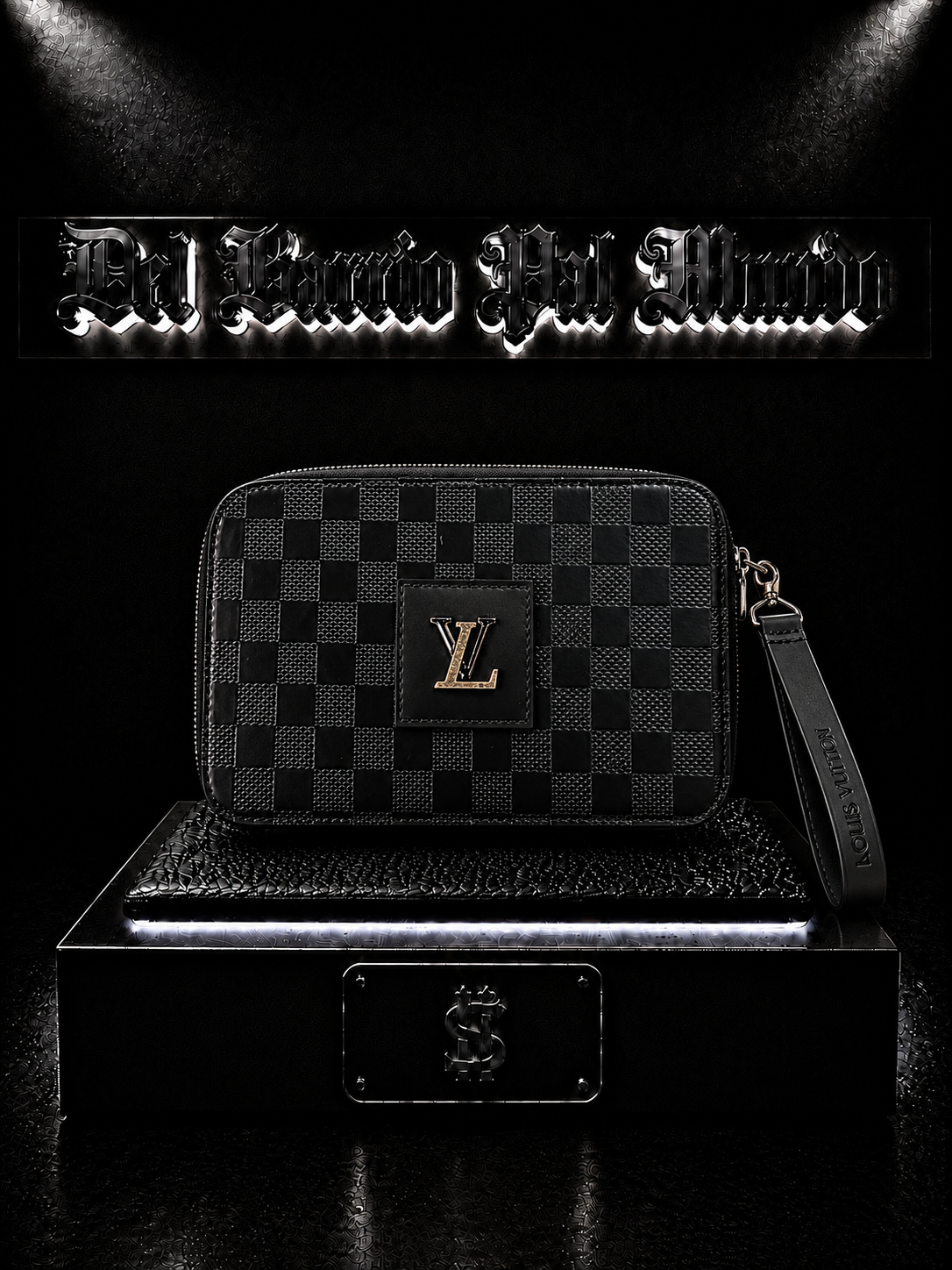 CARRIELE LV COLOR NEGRO/DETALLE/PLACA "LV"/ESTAMPADO EN CUADROS