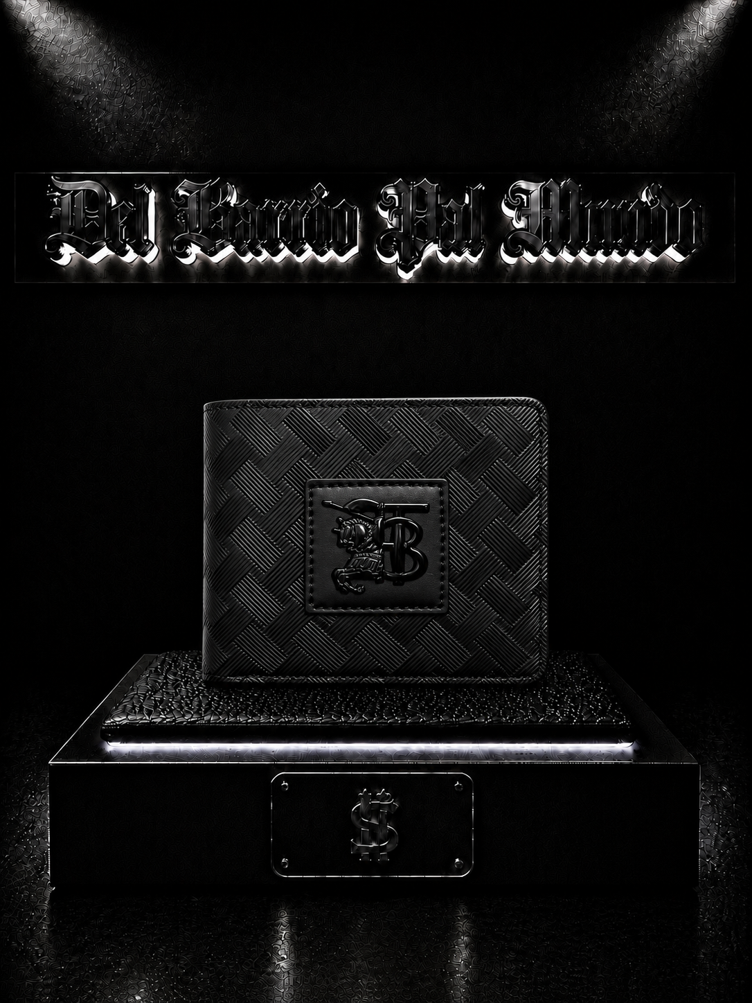 BILLETERA BURBE COLOR NEGRO/DETALLES/PLACA CENTRAL "GINETE NEGRA"/RELIEVE CUADRO DIAGONAL NEGRO