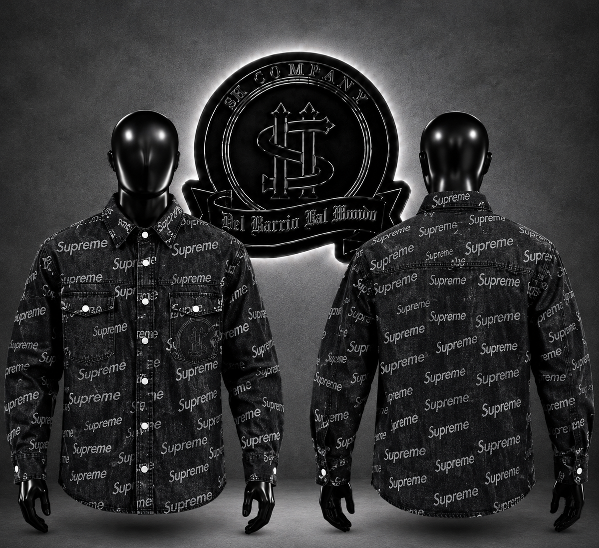 CHAQUETA COLOR NEGRO SPRM /LOGO ESTAMPADO “SUPREME” COMPLETO