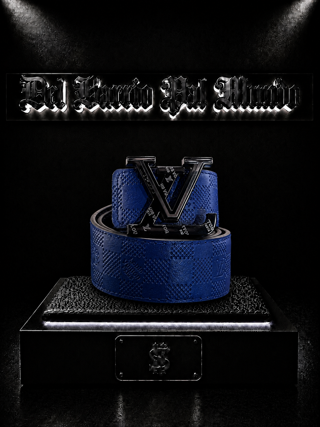 CORREA DE HUECOS LV COLOR AZUL/HEBILLA NEGRA "LV"/TEXTURA EN CUERO
