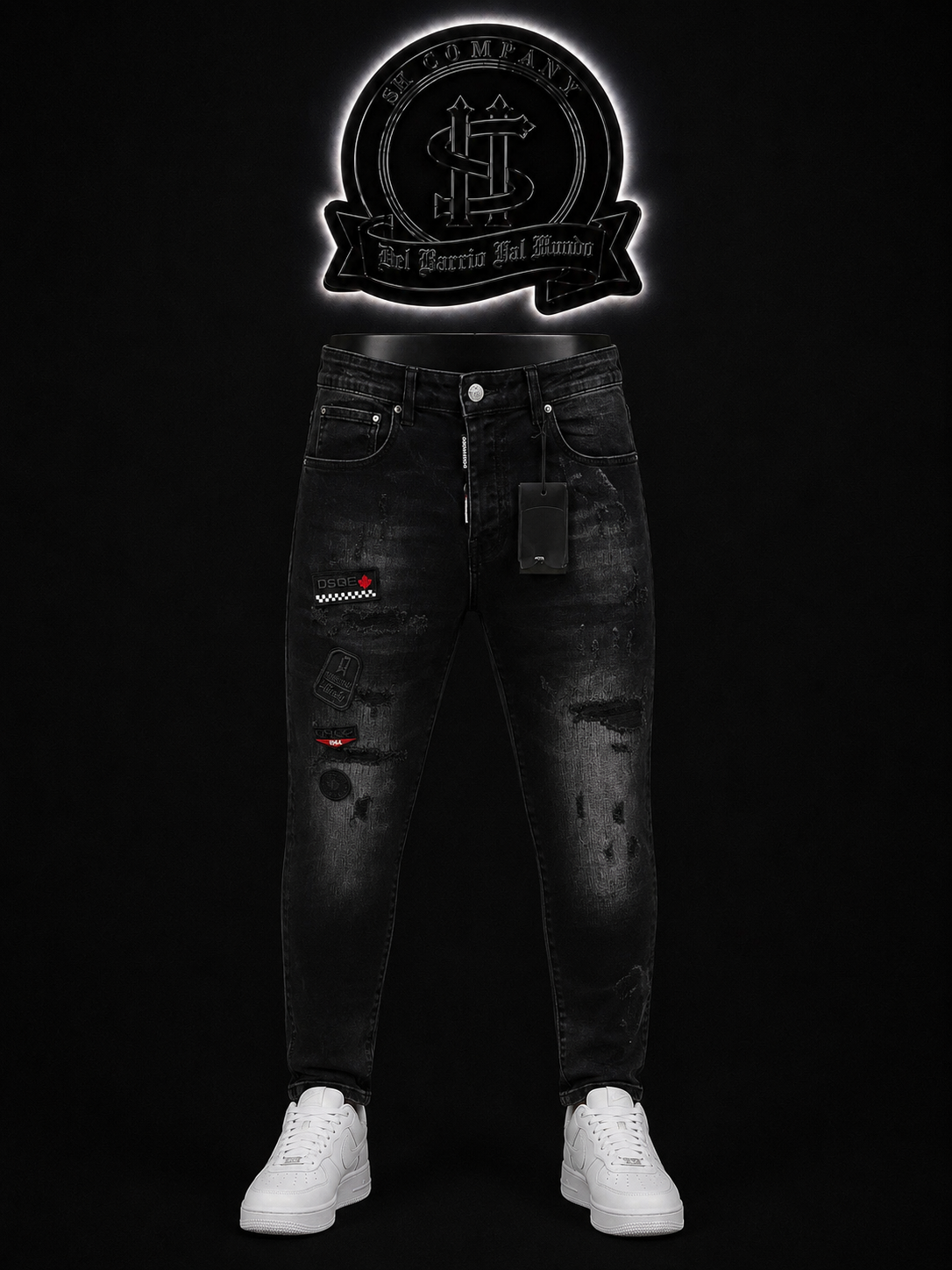 JEANS DSQ2 BOTA RECTA COLOR/NEGRO DETALLE/DEGRADADO/PARCHES