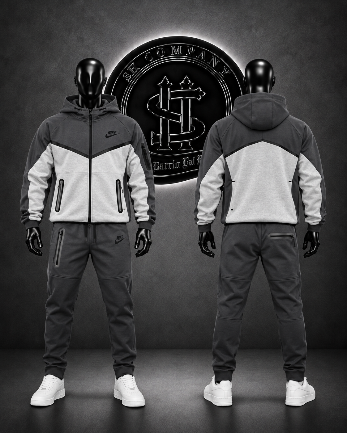 CONJUNTO NK TECH COLOR GRIS CON BLANCO/DETALLES/LOGO FRONTAL DER