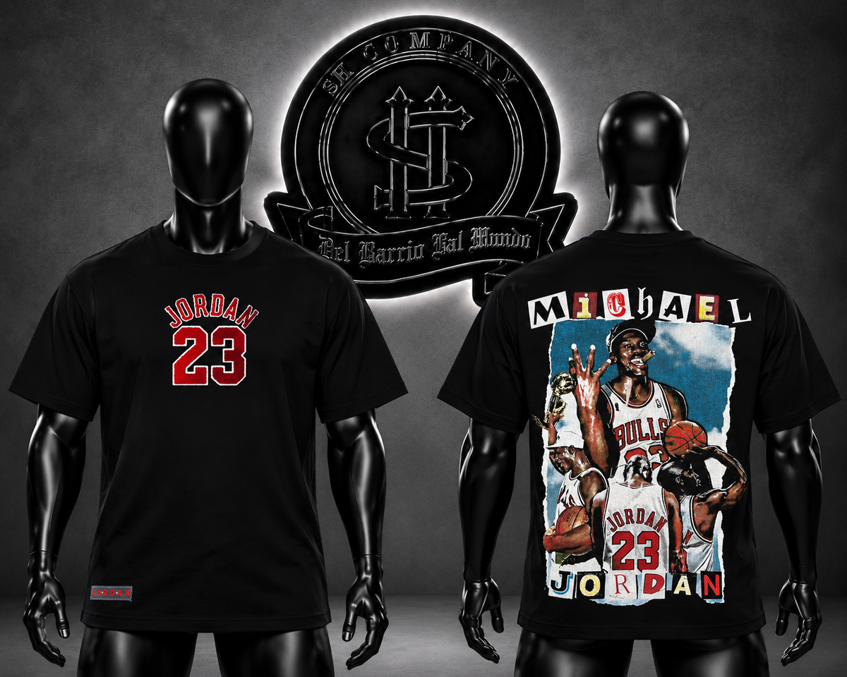 CAMISETA JRDN COLOR NEGRO/DETALLE/LOGO FRONTAL "23"/ESTAMPADO GRAFICO ESPALDA "MICHAEL"
