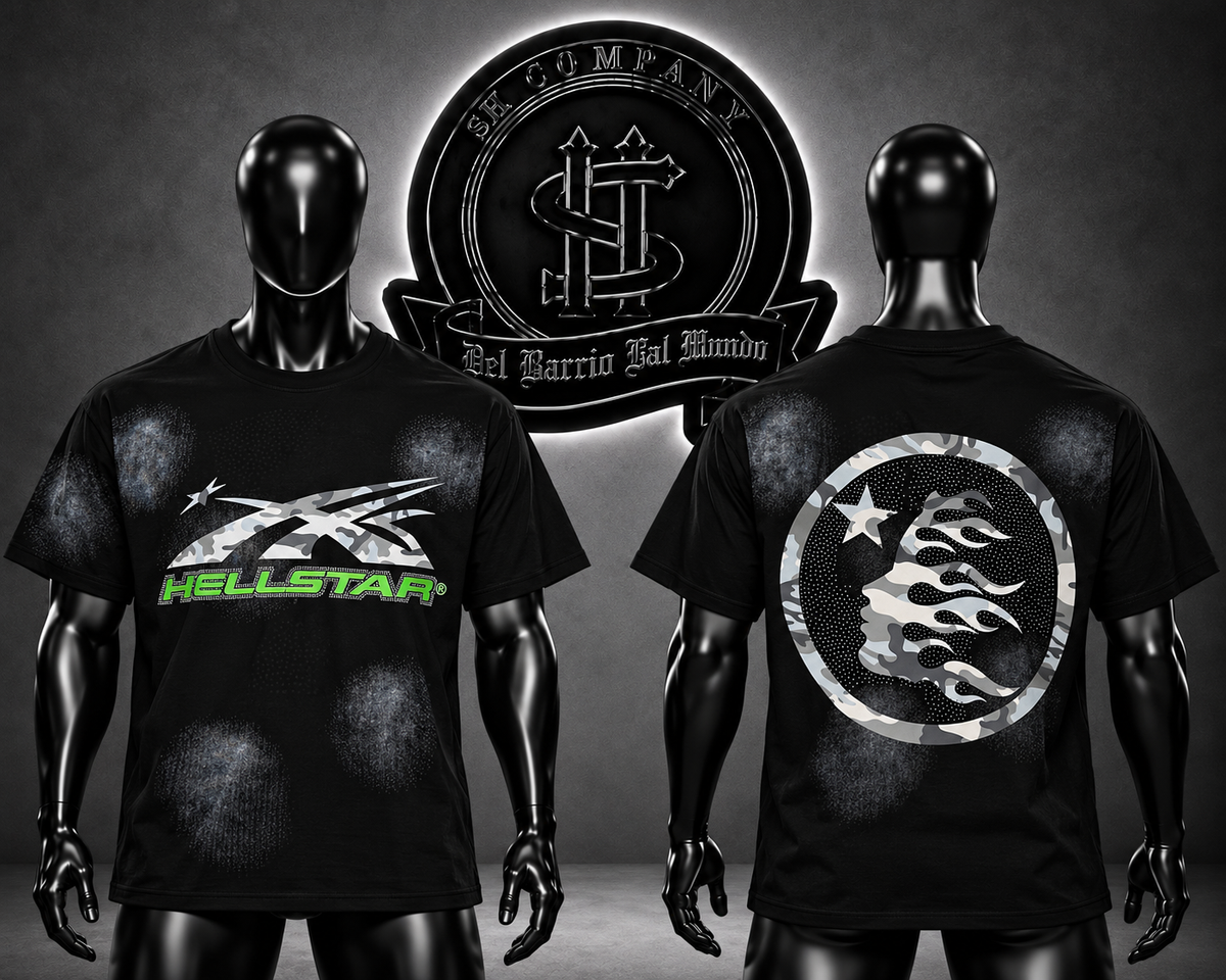 CAMISETA HLLSTRS COLOR NEGRO/DETALLE/PERLAS/LOGO FRONTAL/ESTAMPADO GRAFICO ESPALDA PERLAS