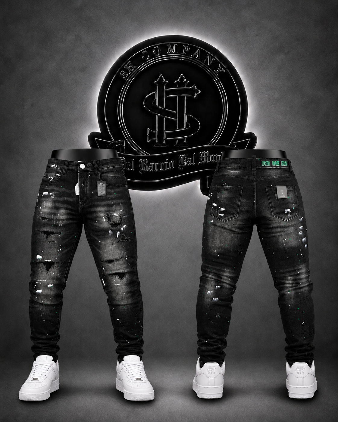 JEANS DSQRD2 BOTA RECTA COLOR NEGRO/DETALLE/PINTURA BLANCA-VERDE