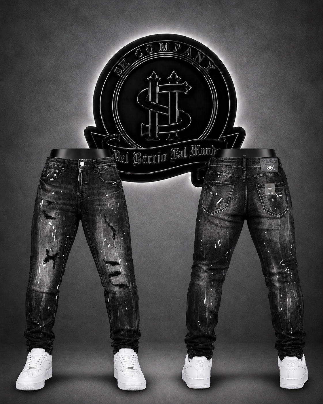 JEANS DSQRD2 BOTA RECTA COLOR NEGRO/DETALLE/PINTURA BLANCA/DEGRADADO BLANCO