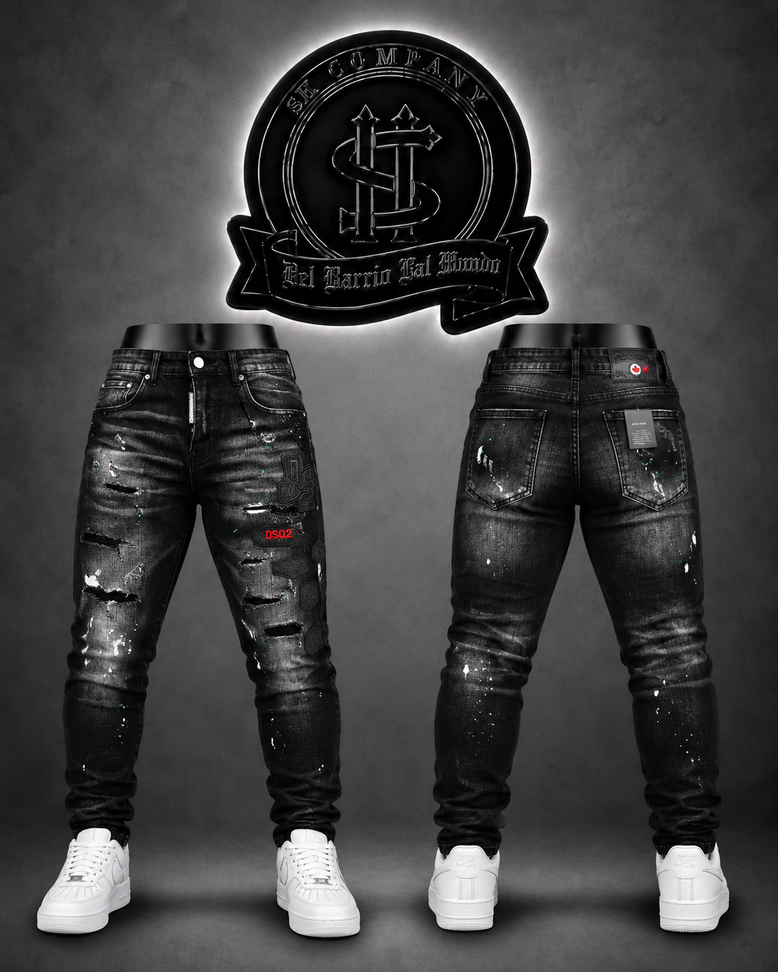 JEANS DSQRD2 BOTA RECTA COLOR NEGRO/DETALLE/PARCHES NEGROS/DEGRADADO BLANCO/ROTOS NEGROS