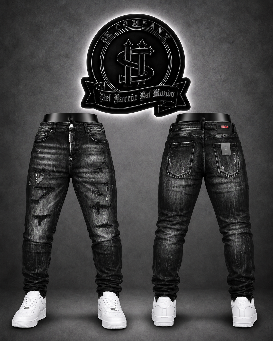 JEANS DSQRD2 BOTA RECTA COLOR NEGRO/DETALLE/PARCHE "HOJA DE MAPLE" NEGRO/DEGRADADO BLANCO/ROTOS NEGROS