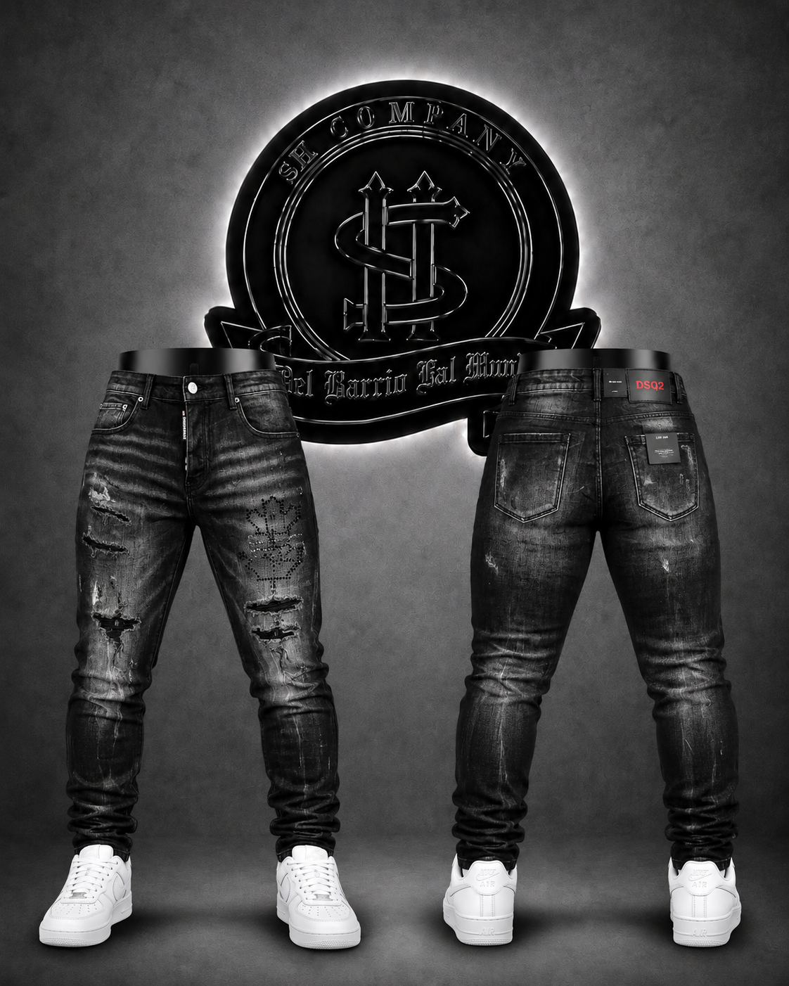 JEANS DSQRD2 BOTA RECTA COLOR NEGRO/DETALLE/PERLADO/PARCHE "HOJA DE MAPLE CON PERLAS" NEGRO/DEGRADADO BLANCO/ROTOS NEGROS