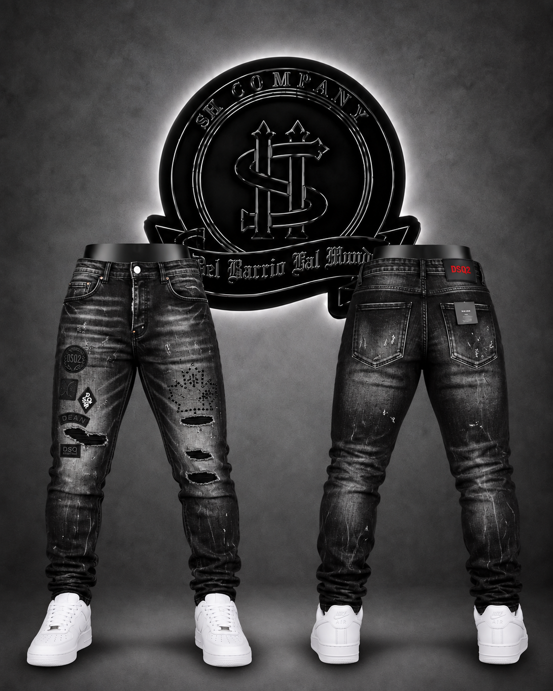 JEANS DSQRD2 BOTA RECTA COLOR NEGRO/DETALLE/PARCHES NEGROS/DEGRADADO BLANCO/ROTOS NEGROS (Copia)