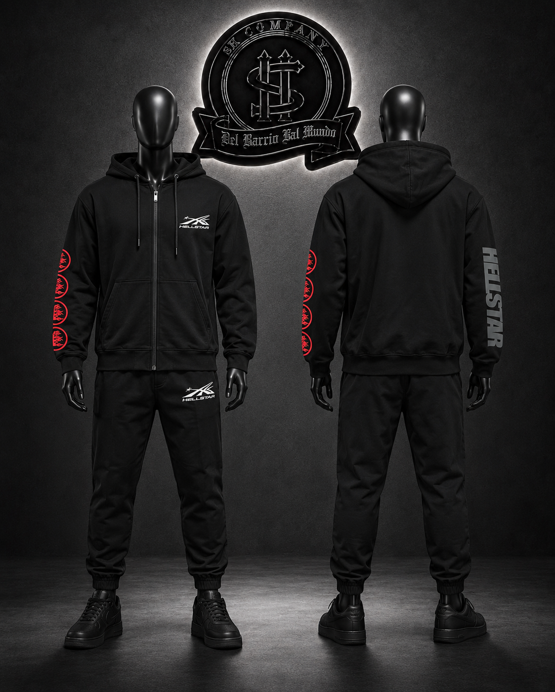 CONJUNTO HLLSTRS COLOR NEGRO/DETALLES/LOGO FRONTAL/MANGAS ESTAMPADO FRASE Y LOGO