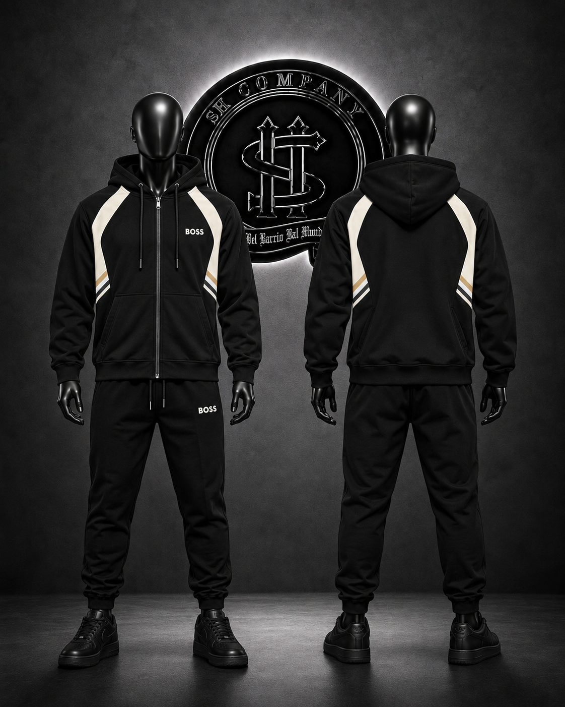 CONJUNTO HG COLOR NEGRO/DETALLES/LOGO FRONTAL/LINEA VERTICAL MANGA