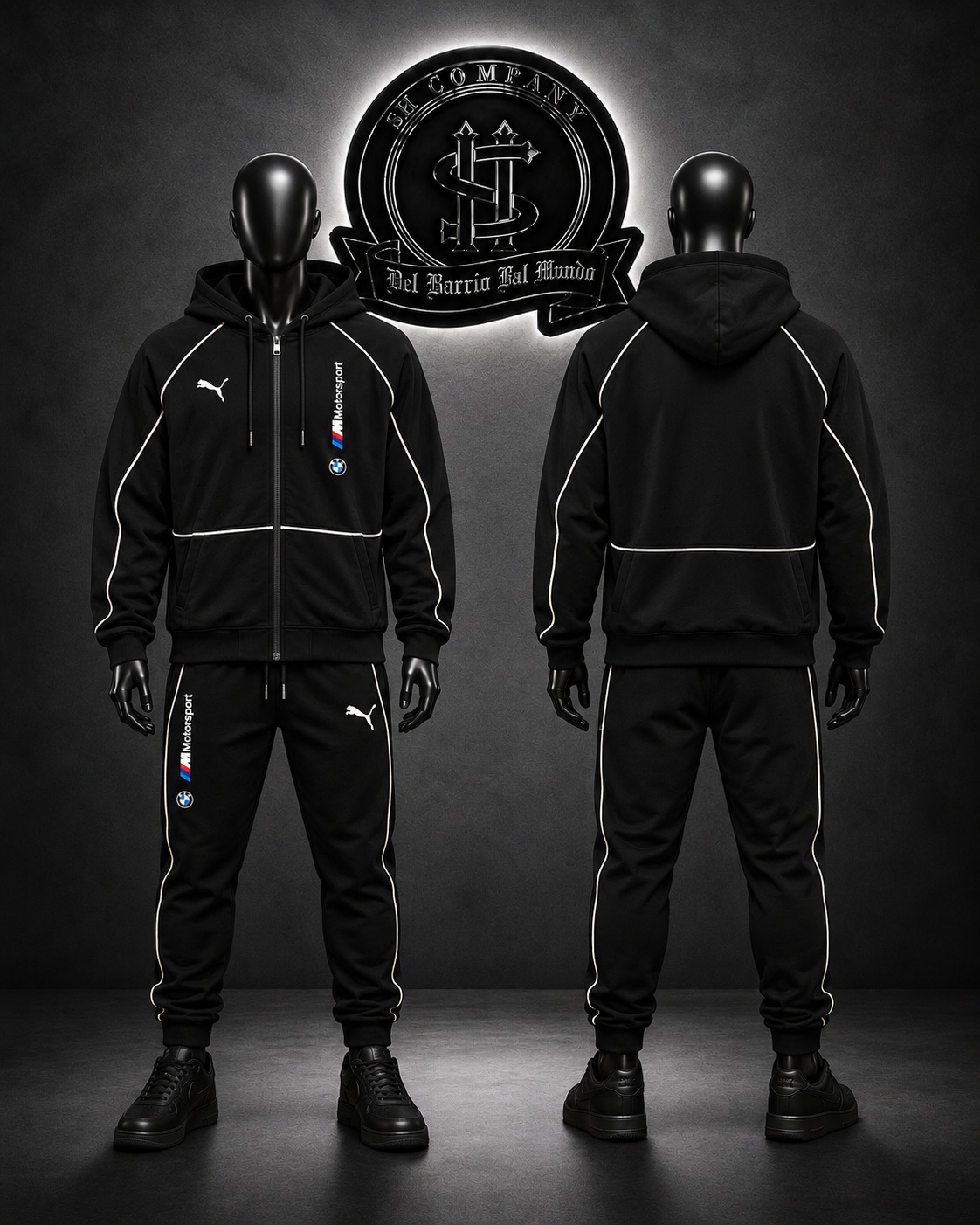 CONJUNTO PM X BMW COLOR NEGRO/DETALLES/LOGO FRONTAL/LINEAS MANGAS Y SUDADERA