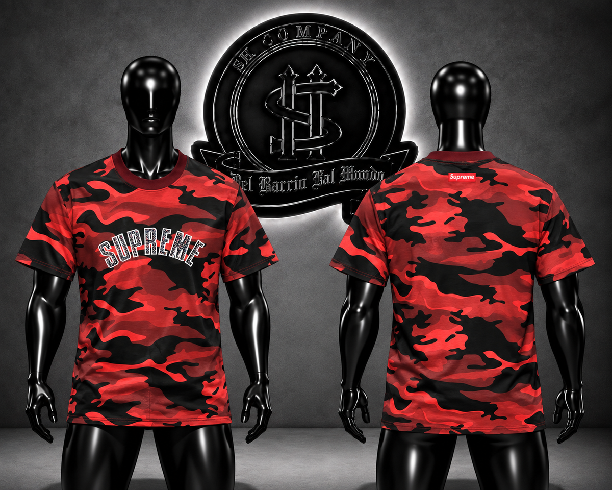 CAMISETA SPRM COLOR ROJO/DETALLE/PERLAS/LOGO PERLADO FRONTAL/CAMUFLAJE ROJO