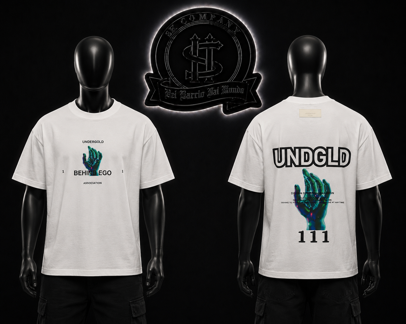 CAMISETA UNDGLD COLOR/BLANCO DETALLES/ESTAMPADO/GRAFICO/LOGO/ESPALDA/LOGO/PEQUEÑO/ADELANTE/AZUL