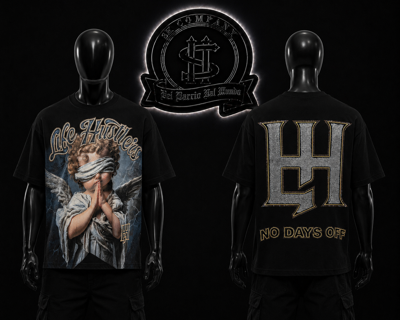 CAMISETA HTLS COLOR/NEGRODETALLES/ESTAMPADO/GRAFICO/ESPALDA/ESTAMPADO/ADELANTE/GRAFICO
