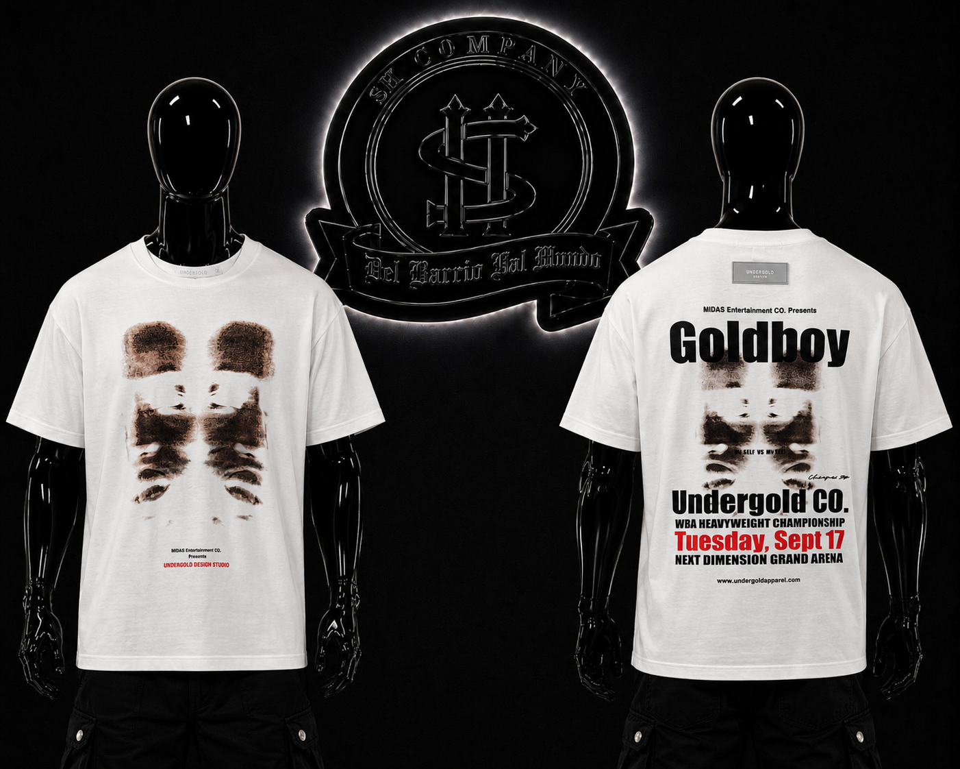 CAMISETA UG COLOR/BLANCO DETALLES/ESTAMPADO/ESPALDA GOLDBOY/GRAFICO/ESTAMPADO/ADELANTE/GRAFICO