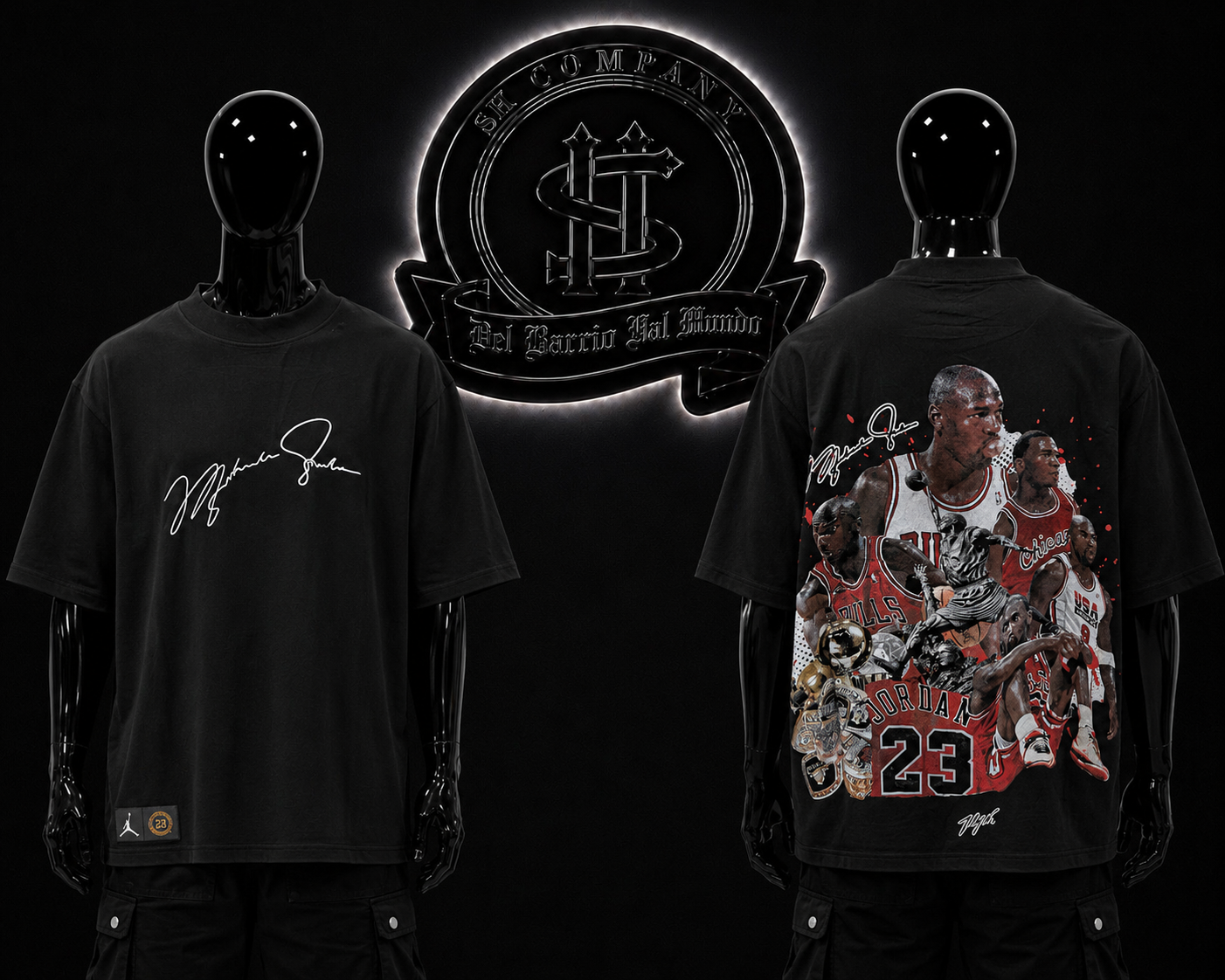 CAMISETA JRDN COLOR/NEGRO DETALLES/ESTAMPADO/ESPALDA/GRAFICO/LOGO/ADELANTE