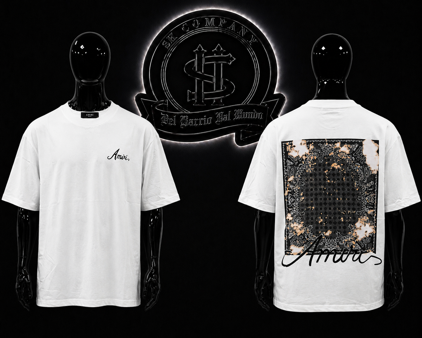 CAMISETA AMR COLOR/BLANCO DETALLES/ESTAMPADO/ESPALDA/GRAFICO/LOGO/ADELANTE