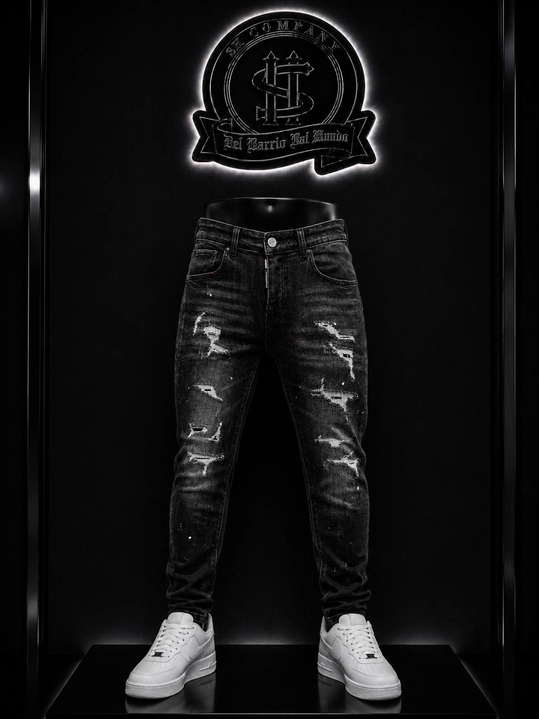 JEANS DSQ2 BOTA RECTA COLOR/NEGRO DETALLE/DEGRADADO/ROTOS BLANCOS