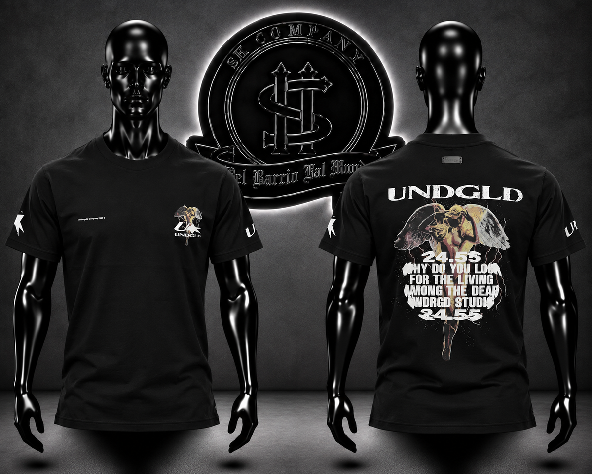 CAMISETA UNDGLD COLOR NEGRO/DETALLE/LOGO DELANTERO/ESTAMPADO GRAFICO ESPALDA