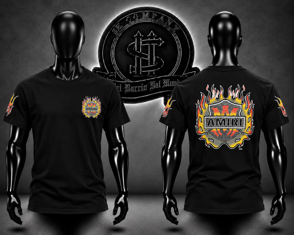 CAMISETA AMR COLOR NEGRO/DETALLE/PERLADO/LOGO DELANTERO/ESTAMPADO GRAFICO ESPALDA