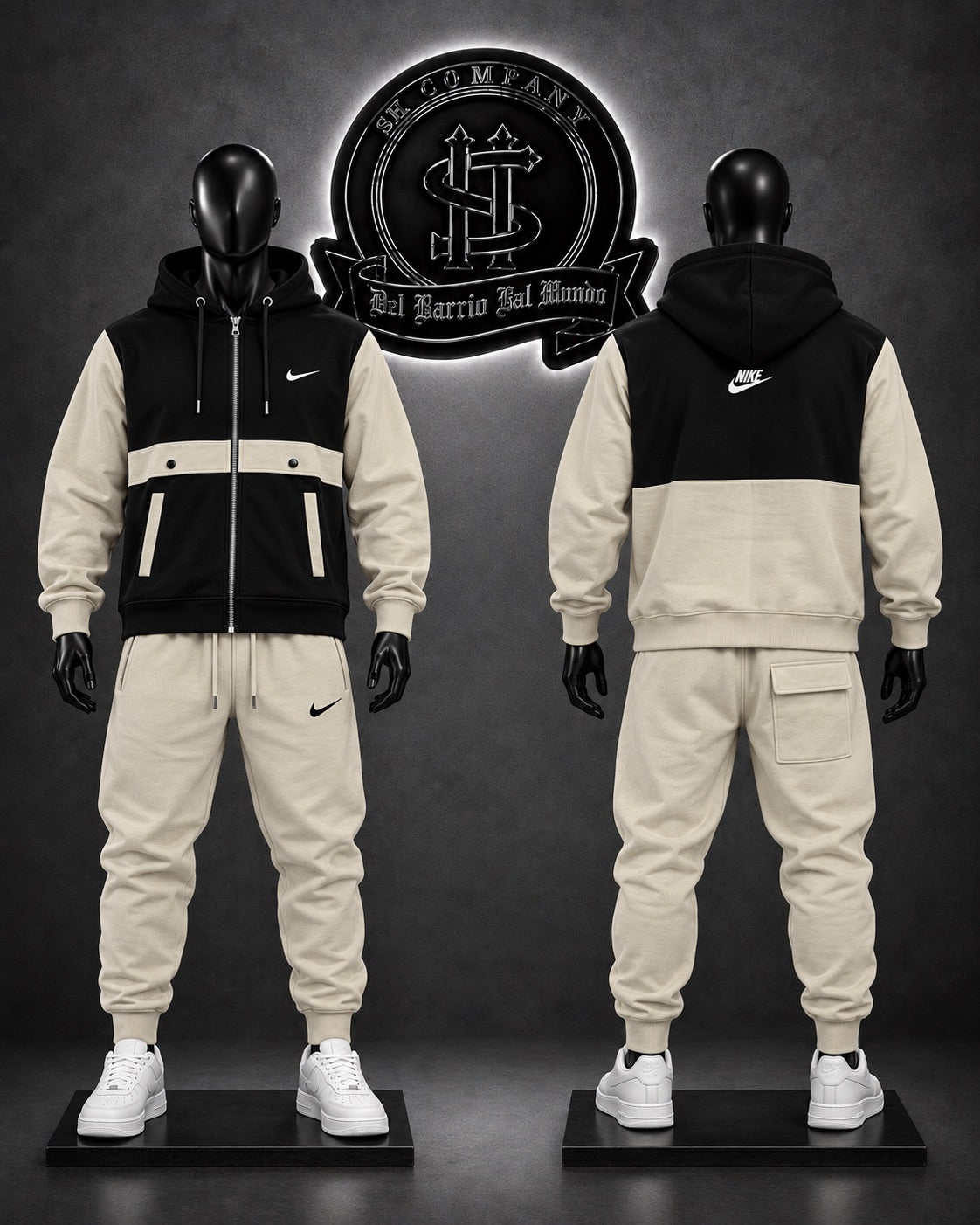 CONJUNTO EMTN COLOR NEGRO-BEIGE/DETALLES/LOGO DELANTERO/ LOGO ESPALDA