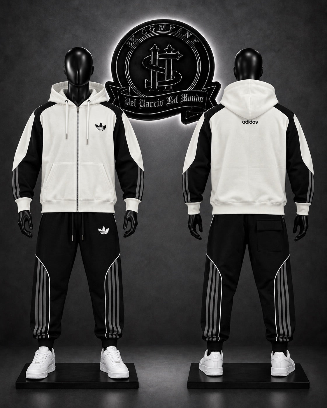 CONJUNTO DDS COLOR NEGRO-BLANCO/DETALLES/LOGO DELANTERO/ LOGO ESPALDA