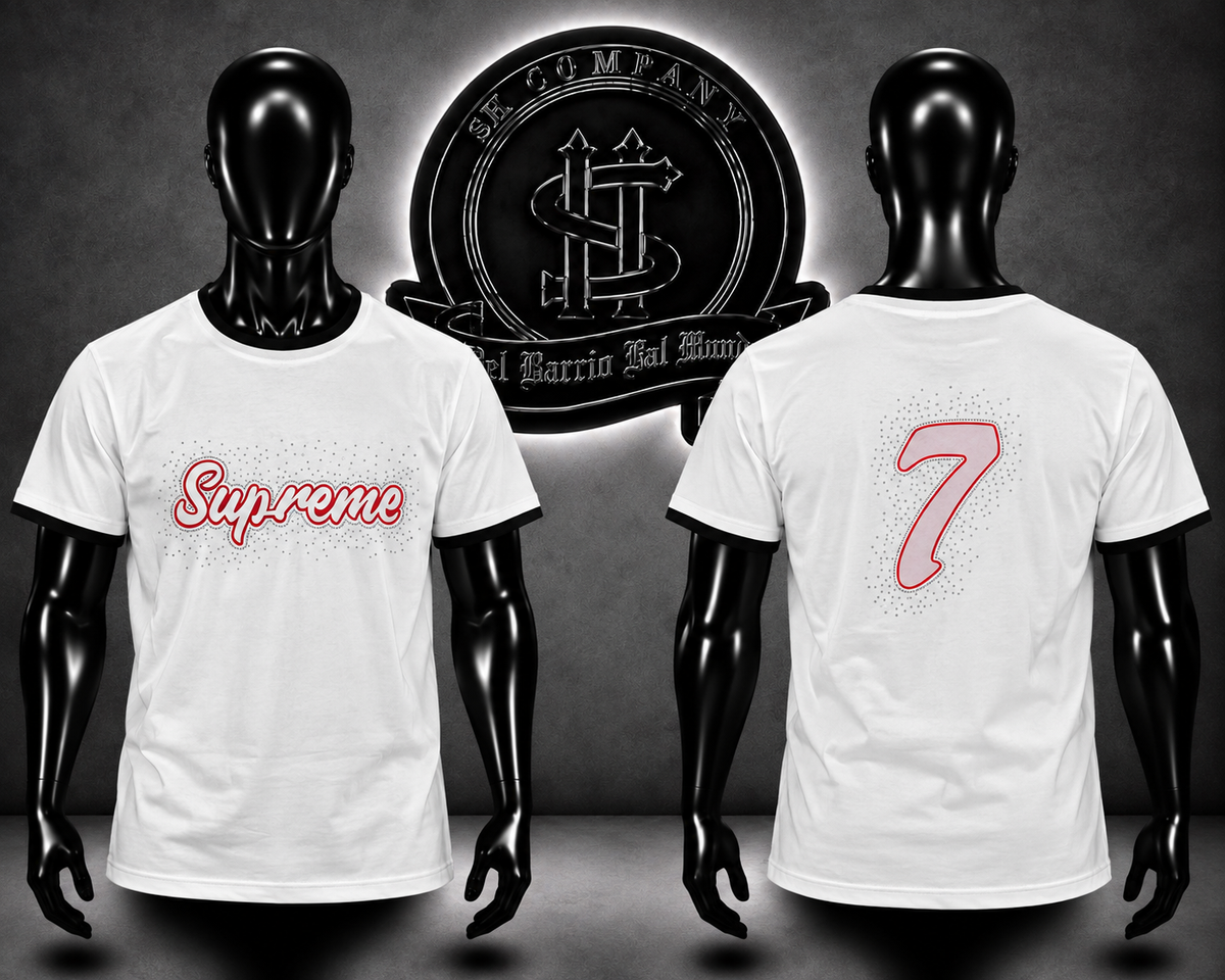 CAMISETA SPRM COLOR BLANCO/DETALLE/PERLADO/ESTAMAPADO PERLADO DELANTERO/ESTAMPADO PERLADO ESPALDA